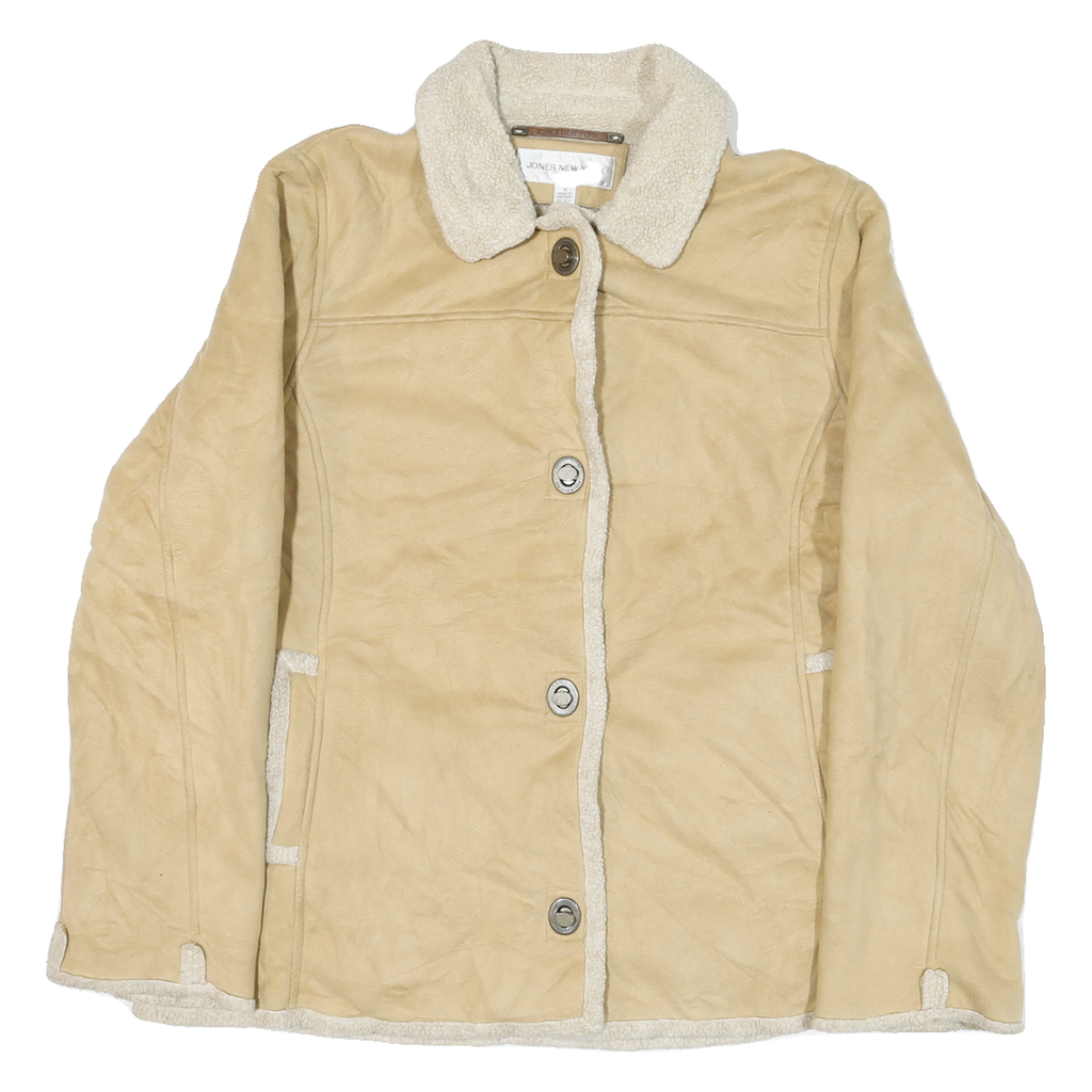 JONES NEW YORK Womens Beige Leather Button Jacket M Shearling Trim Winter