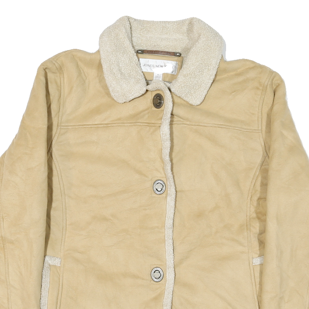 JONES NEW YORK Womens Beige Leather Button Jacket M Shearling Trim Winter