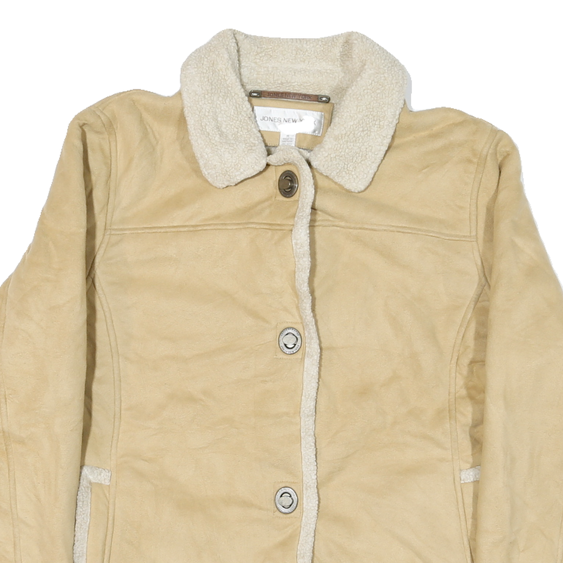 JONES NEW YORK Womens Beige Leather Button Jacket M Shearling Trim Winter