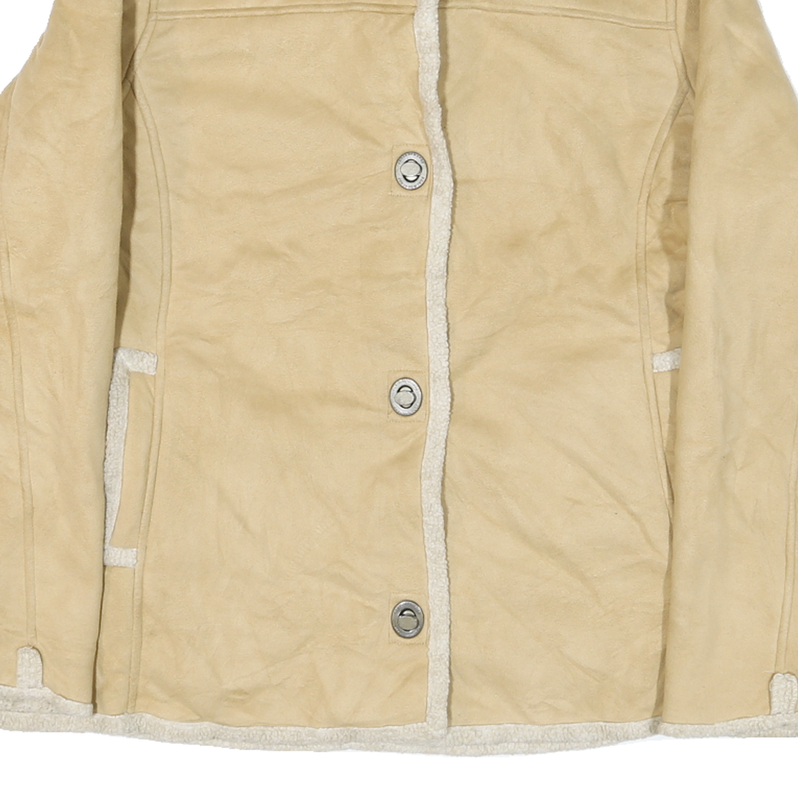 JONES NEW YORK Womens Beige Leather Button Jacket M Shearling Trim Winter