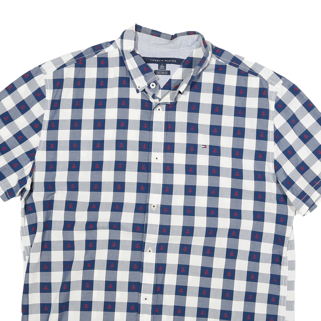 TOMMY HILFIGER Mens Blue & White Check Shirt XL Cotton Blend Short Sleeve Casual