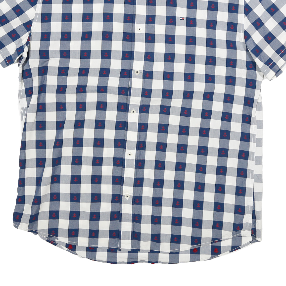 TOMMY HILFIGER Mens Blue & White Check Shirt XL Cotton Blend Short Sleeve Casual