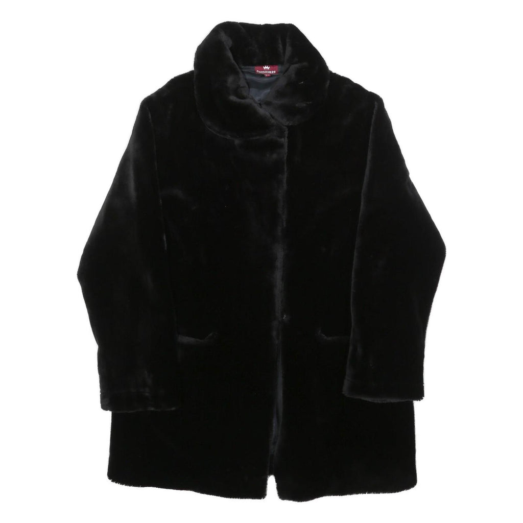 QUEENSWAY Womens Black Fur Effect Button Jacket L Polyester Blend Plush Soft