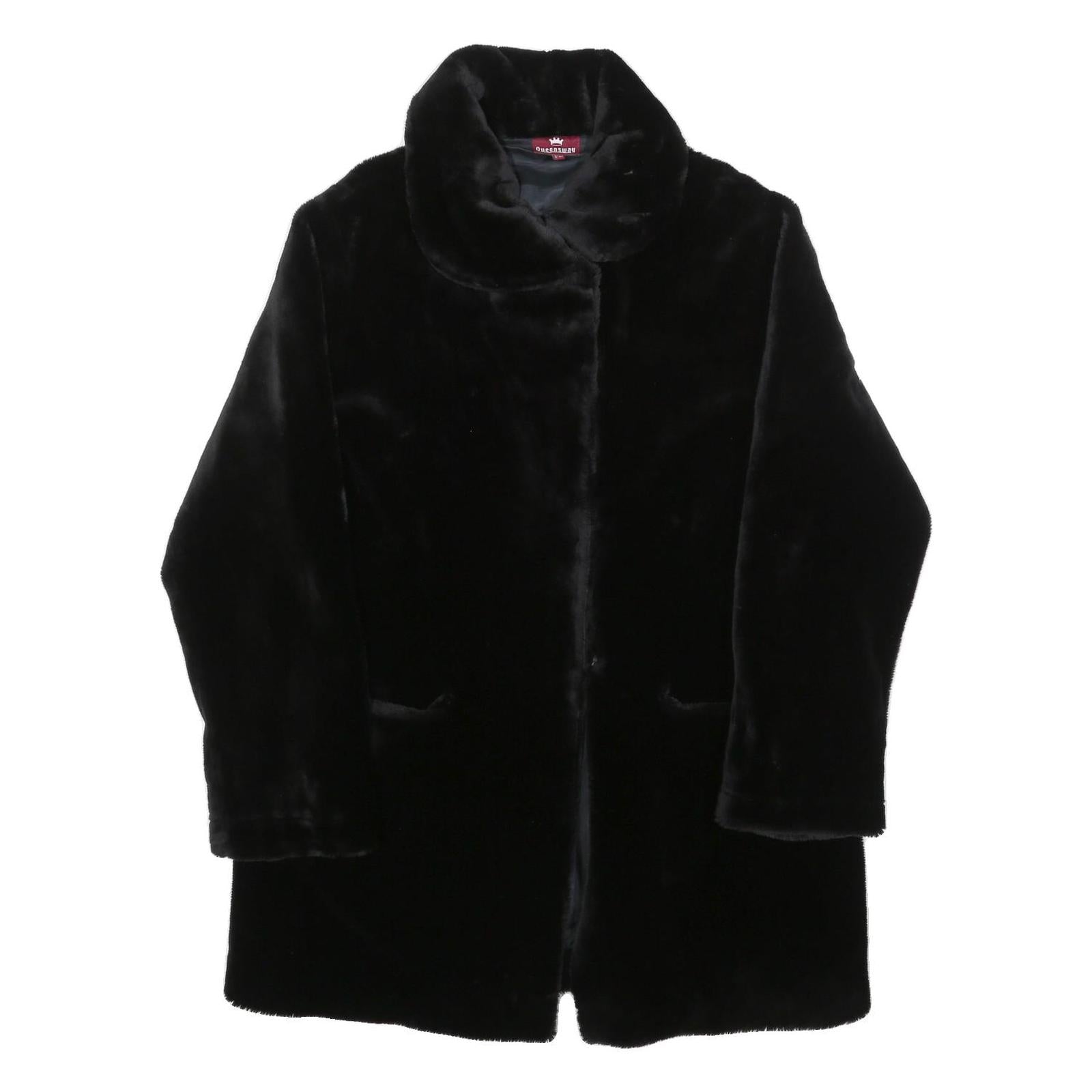 QUEENSWAY Womens Black Fur Effect Button Jacket L Polyester Blend Plush Soft
