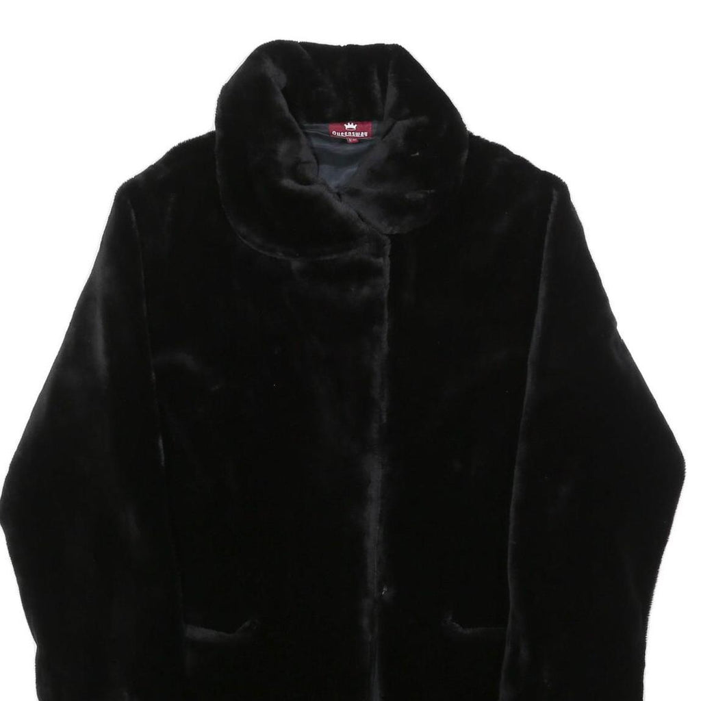 QUEENSWAY Womens Black Fur Effect Button Jacket L Polyester Blend Plush Soft
