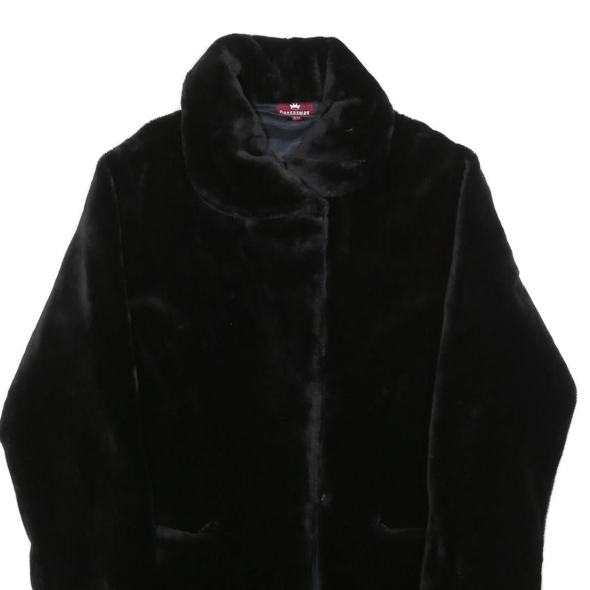 QUEENSWAY Womens Black Fur Effect Button Jacket L Polyester Blend Plush Soft