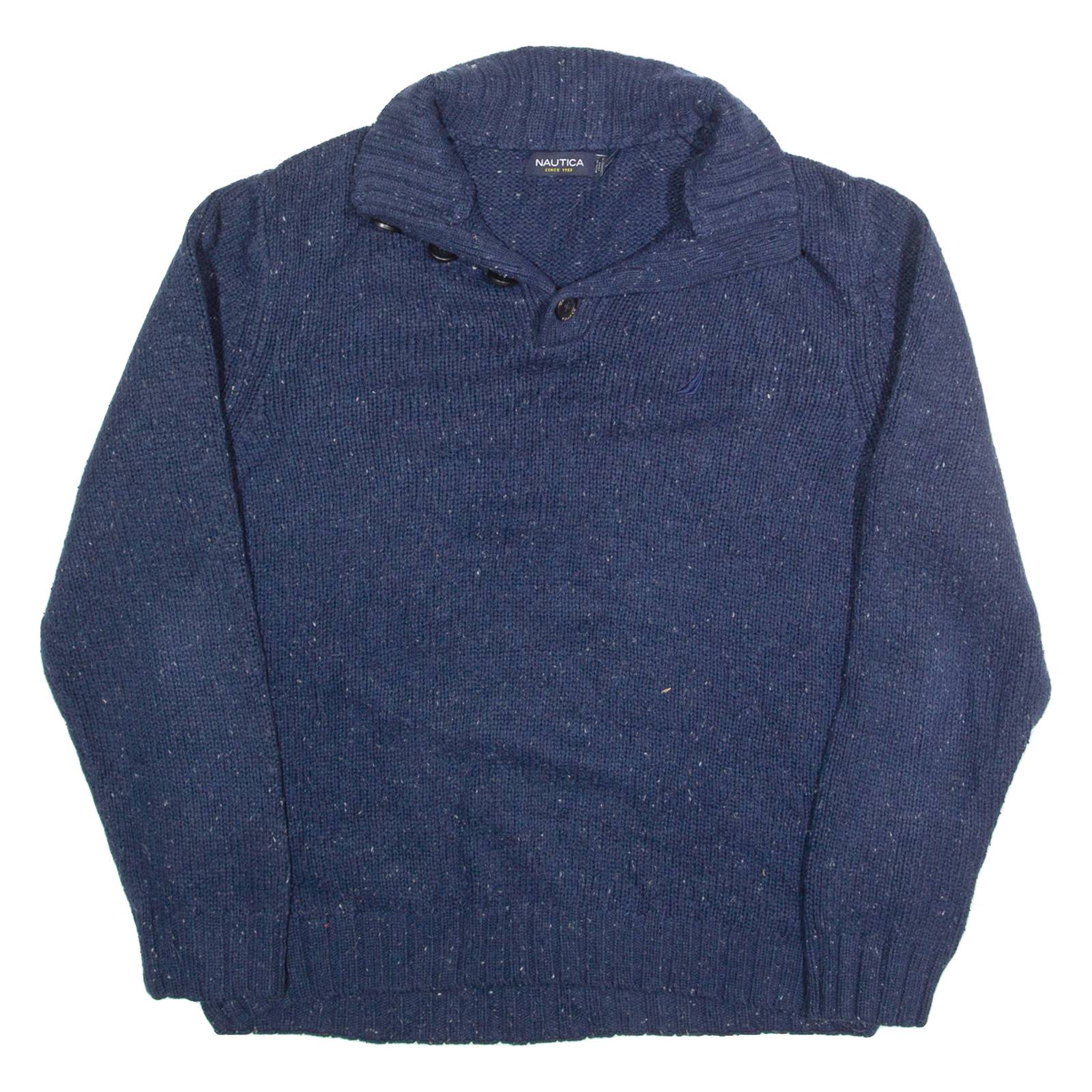 NAUTICA Mens Jumper Blue Button Neck Tight Knit Wool L