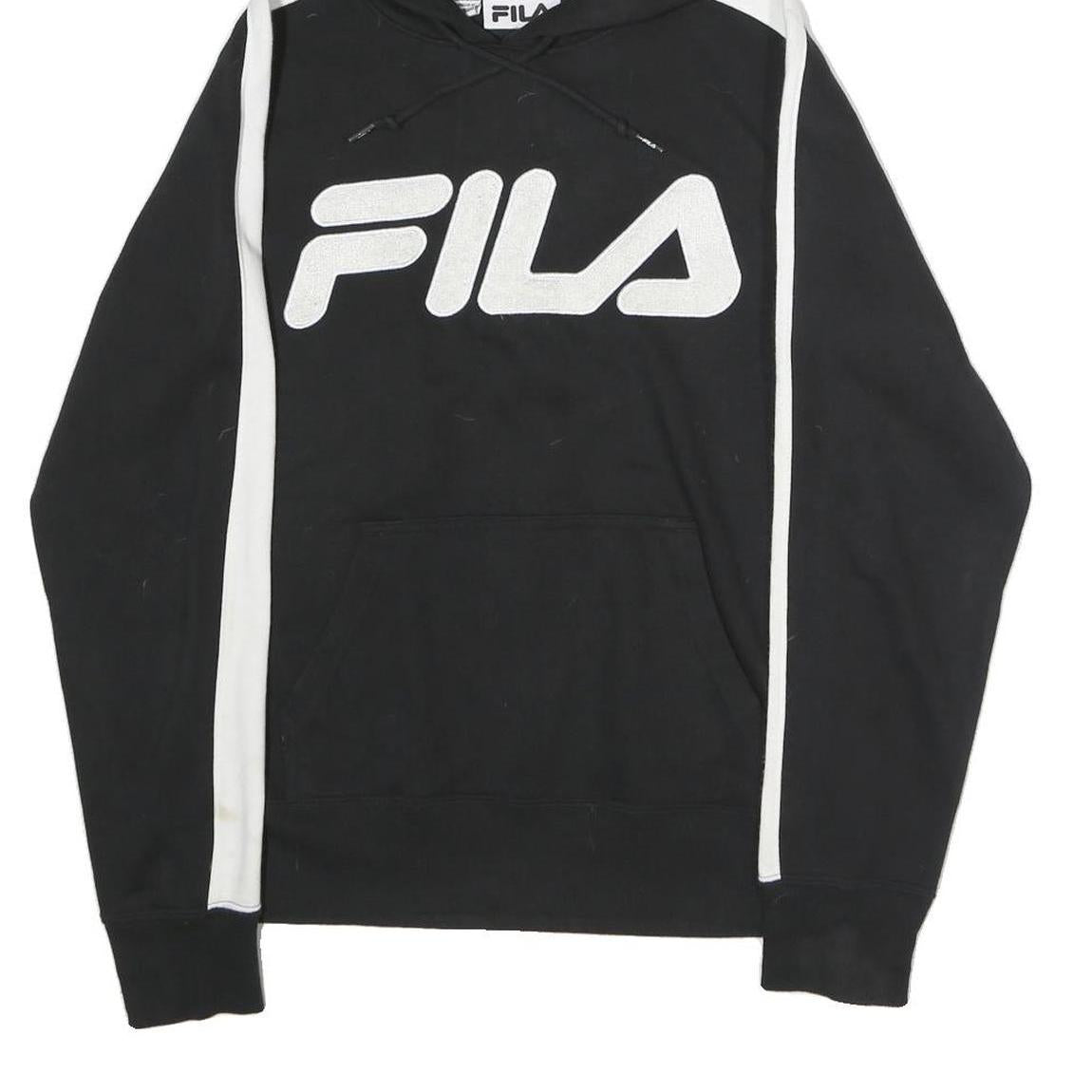 FILA Mens Black & White Logo Hoodie M Cotton Casual Streetwear Sweatshirt
