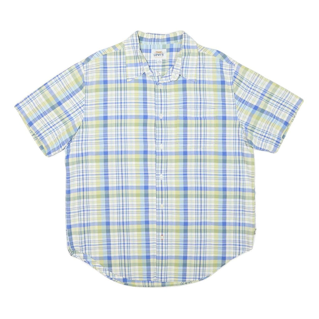 LEVI'S Mens Blue Green Shirt L Cotton Blend Short Sleeve Plaid Summer Casual