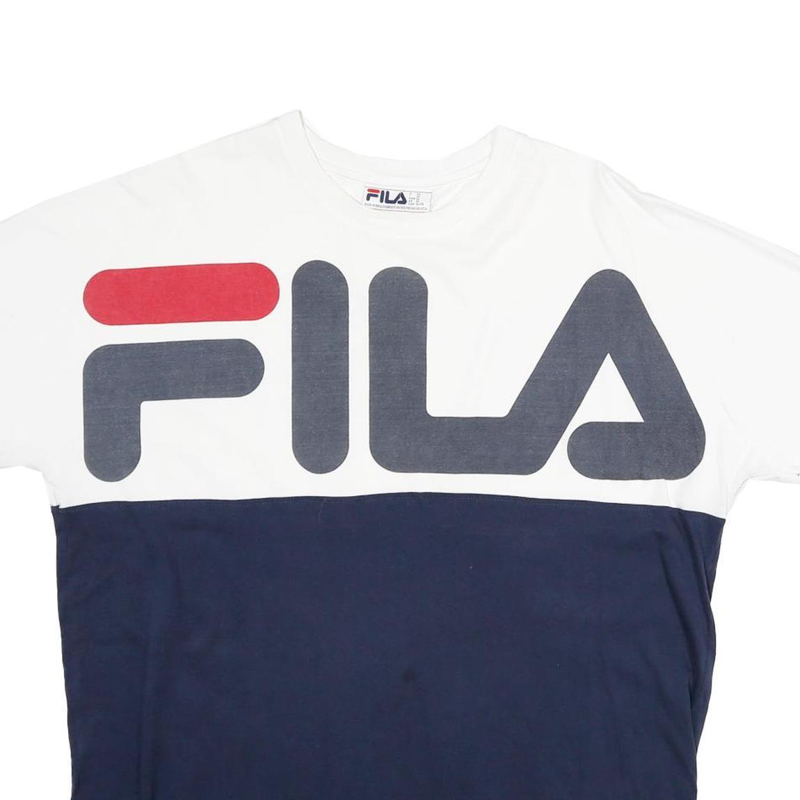 FILA Mens White & Navy Graphic T-Shirt XL Short Sleeve Crew Neck Cotton