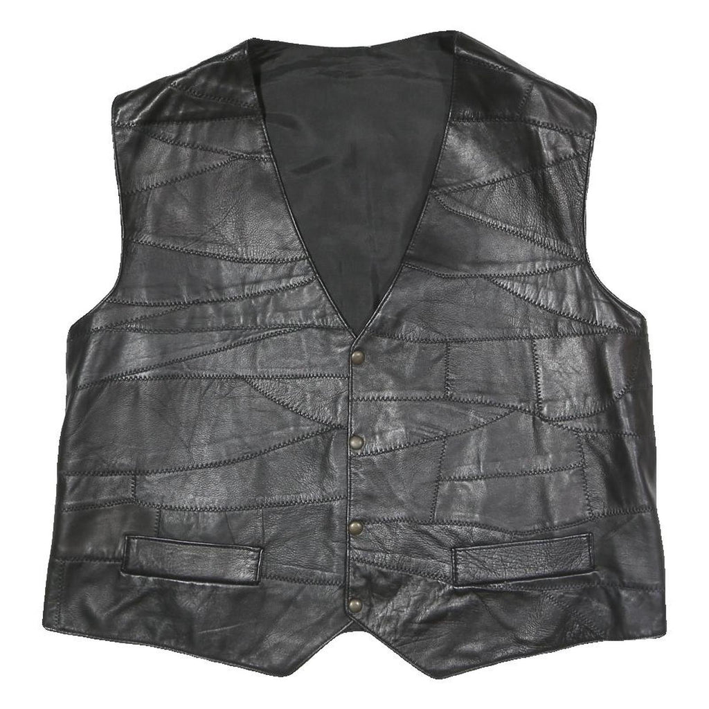 Mens Black Faux Leather Patchwork Waistcoat Jacket XL Button Closure Vest