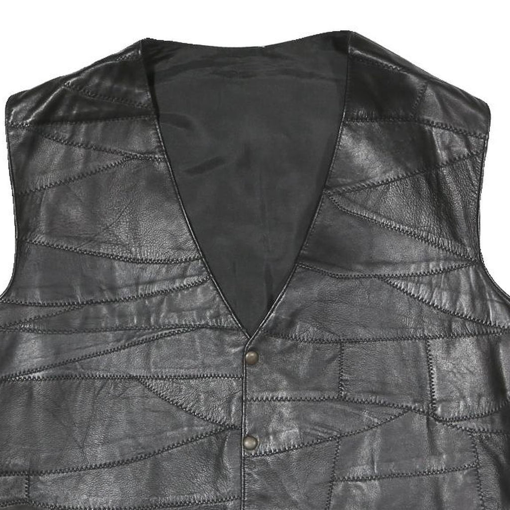 Mens Black Faux Leather Patchwork Waistcoat Jacket XL Button Closure Vest