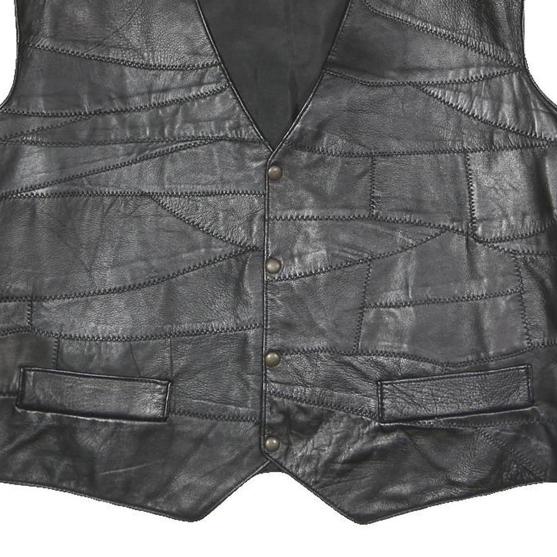 Mens Black Faux Leather Patchwork Waistcoat Jacket XL Button Closure Vest