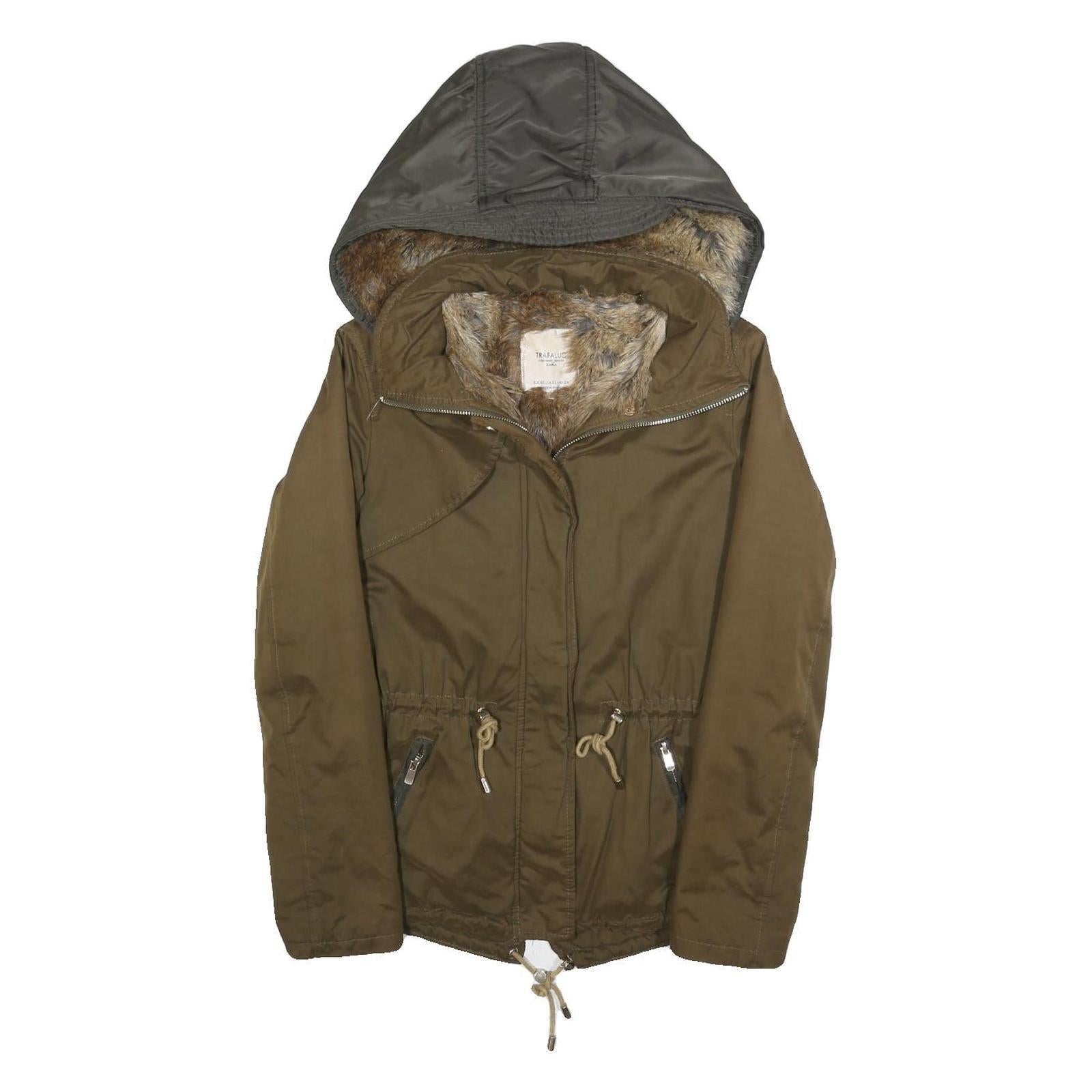 ZARA Womens Olive Green Jacket XS Polyester Blend Hooded Zip Casual Outerwear