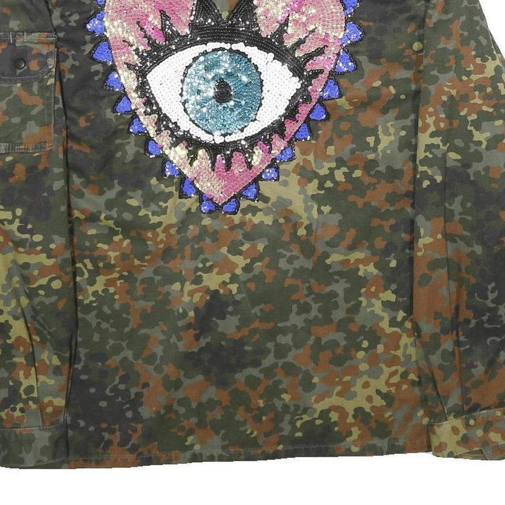 Womens Green & Brown Camouflage Sequin Eye Embroidered Zip Jacket XL Polyester