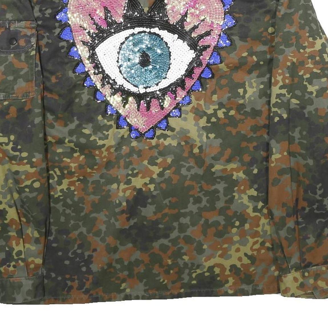 Womens Green & Brown Camouflage Sequin Eye Embroidered Zip Jacket XL Polyester