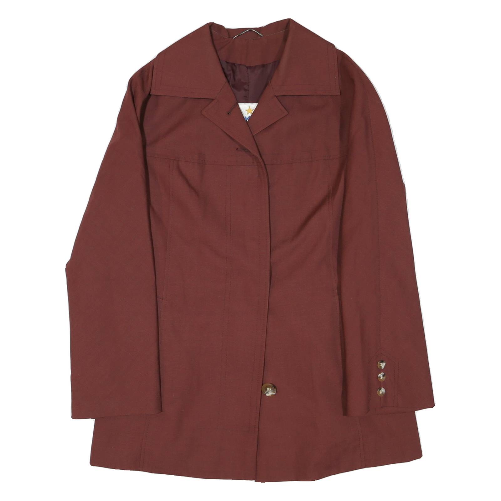 Womens Brown Button Jacket M Polyester Blend Classic Mid Length Stylish