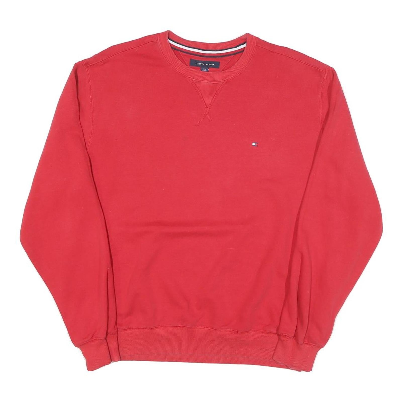 TOMMY HILFIGER Mens Red Crew Neck Sweatshirt L Classic Logo Cotton Blend