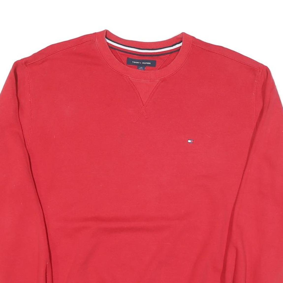 TOMMY HILFIGER Mens Red Crew Neck Sweatshirt L Classic Logo Cotton Blend