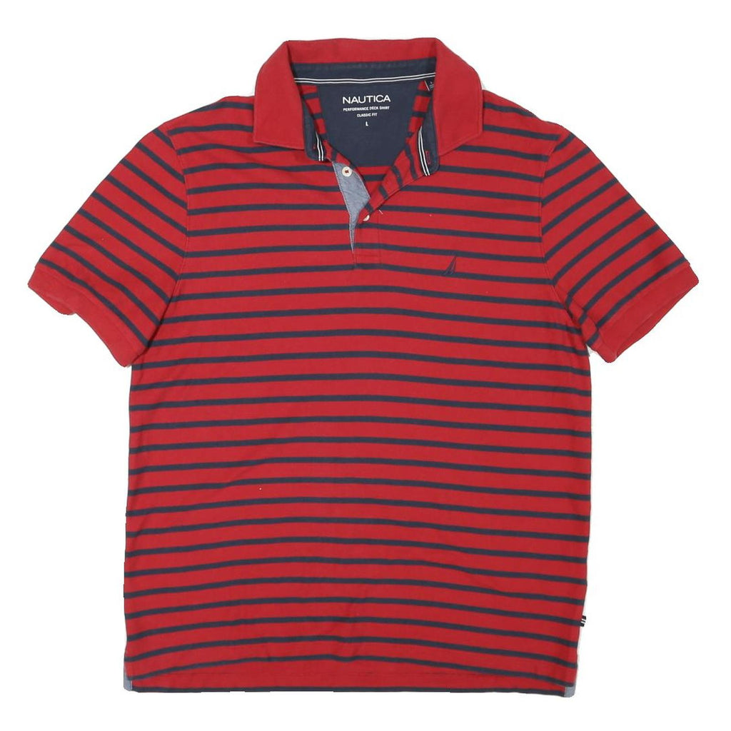 NAUTICA Mens Red & Navy Striped Short Sleeve Polo Shirt L Classic Fit Cotton