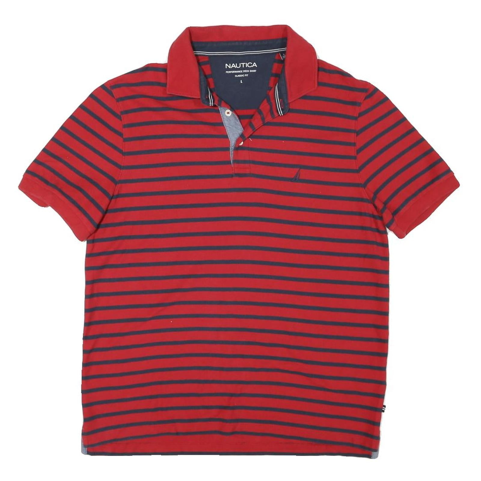 NAUTICA Mens Red & Navy Striped Short Sleeve Polo Shirt L Classic Fit Cotton