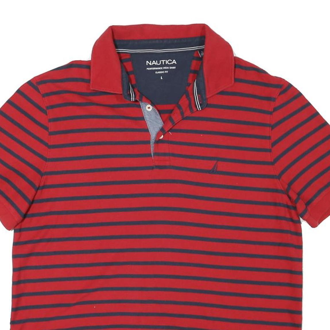 NAUTICA Mens Red & Navy Striped Short Sleeve Polo Shirt L Classic Fit Cotton