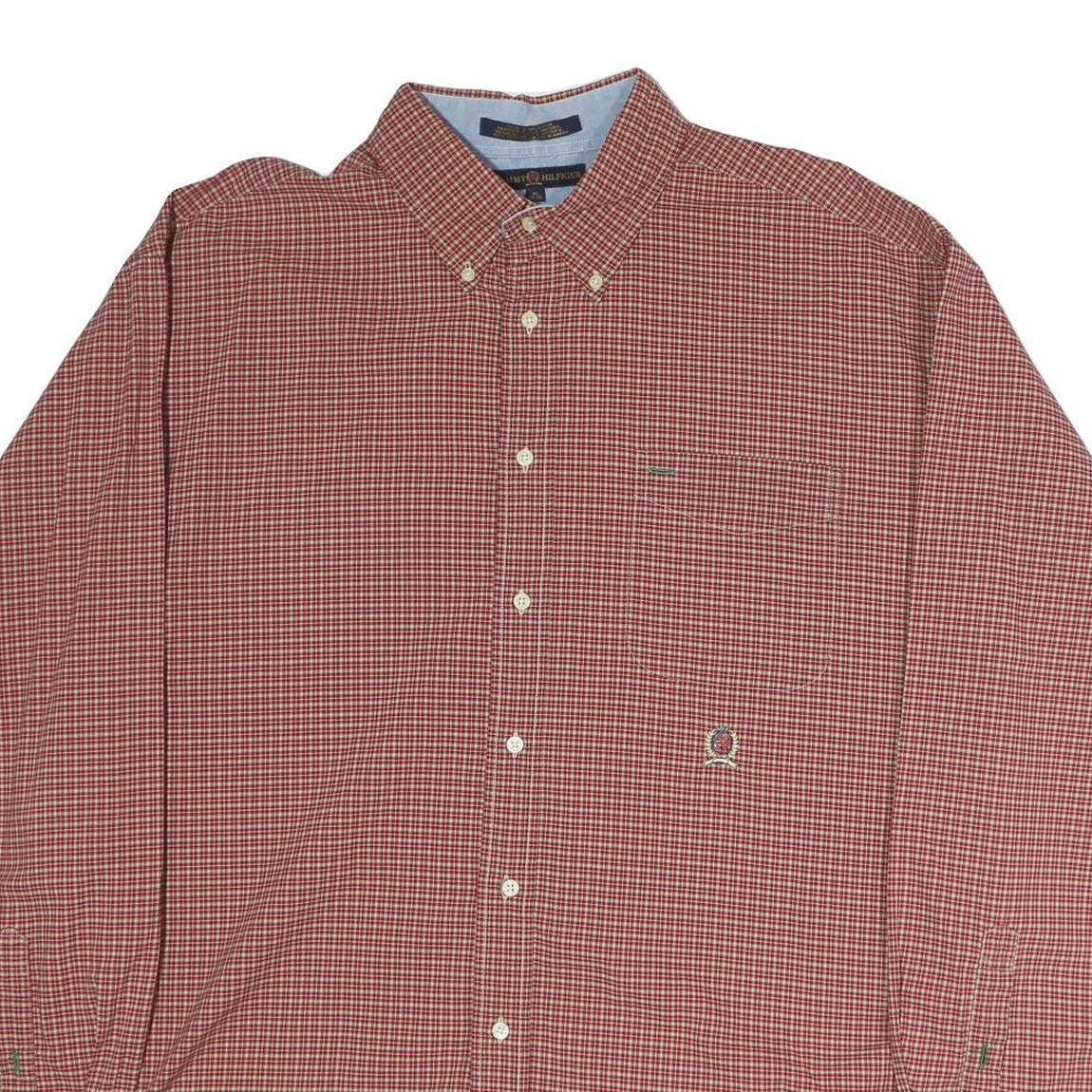 TOMMY HILFIGER Mens Red & White Check Shirt XL Button Down Long Sleeve Classic