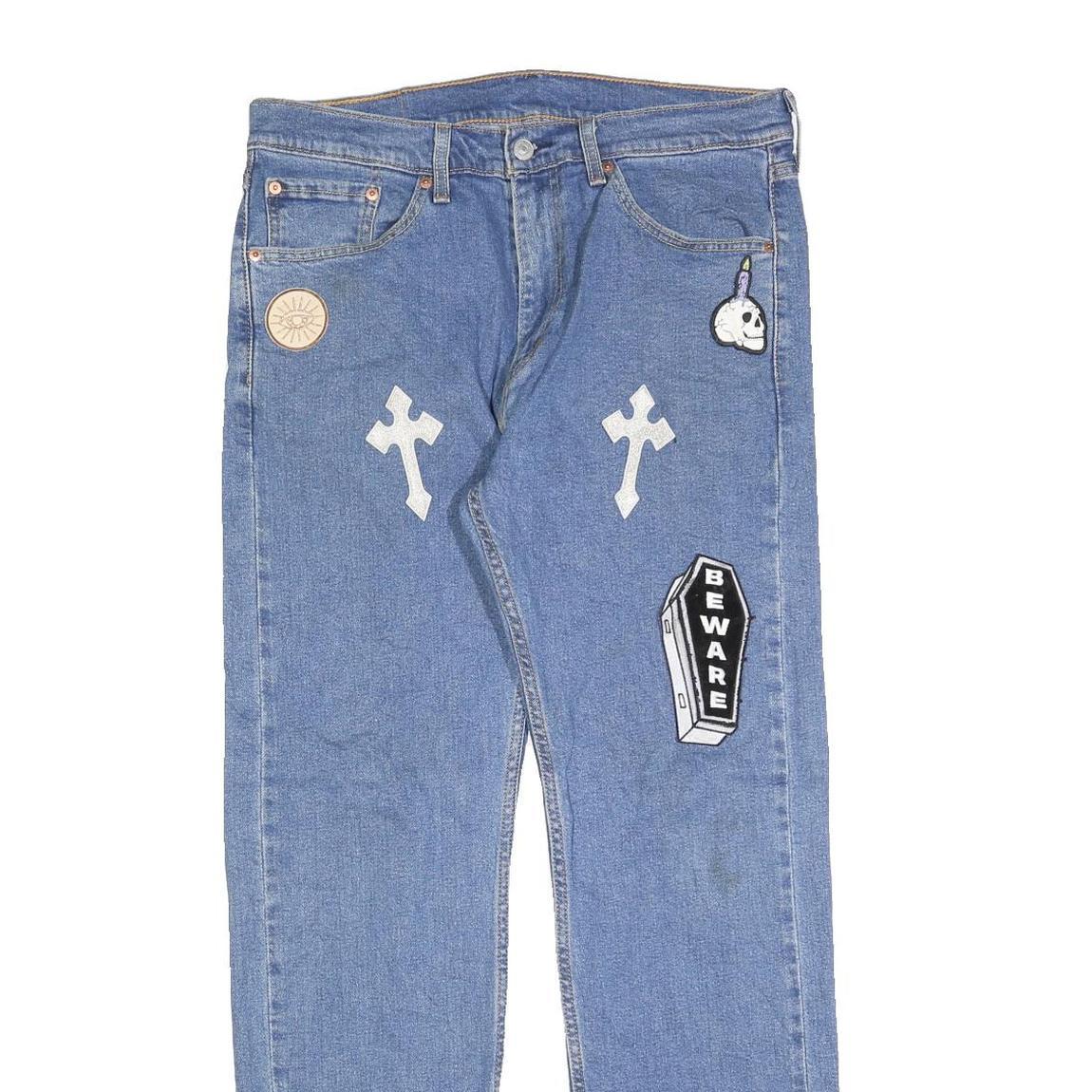 LEVI'S 505 Mens Jeans Blue Regular Straight Denim Rinse W33 L32 Unique Patches