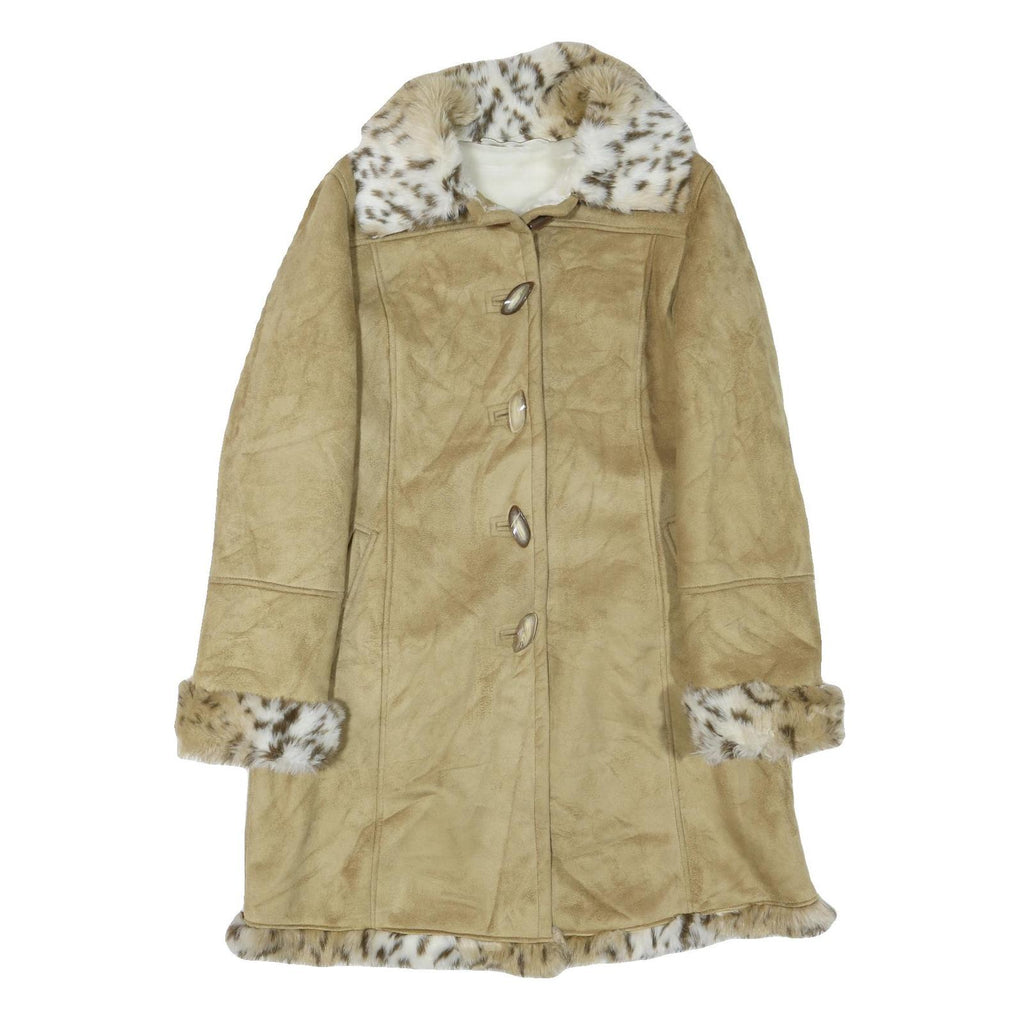 Womens Beige Leather Button Jacket L Faux Fur Collar Cuff Hem Trimmed