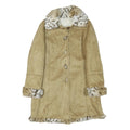 Womens Beige Leather Button Jacket L Faux Fur Collar Cuff Hem Trimmed