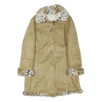 Womens Beige Leather Button Jacket L Faux Fur Collar Cuff Hem Trimmed