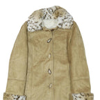 Womens Beige Leather Button Jacket L Faux Fur Collar Cuff Hem Trimmed
