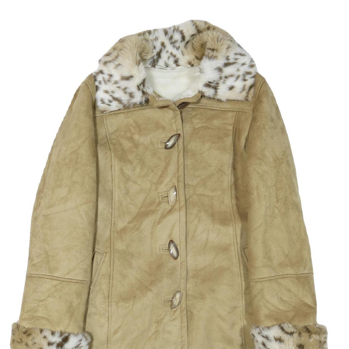 Womens Beige Leather Button Jacket L Faux Fur Collar Cuff Hem Trimmed