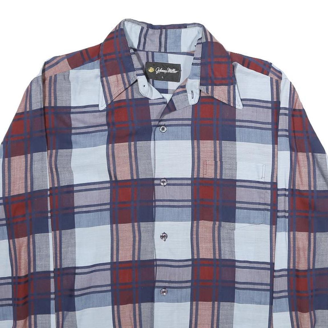 JOHNNY MILLER Mens Blue & Red Check Shirt L Vintage Polyester Blend Button Long