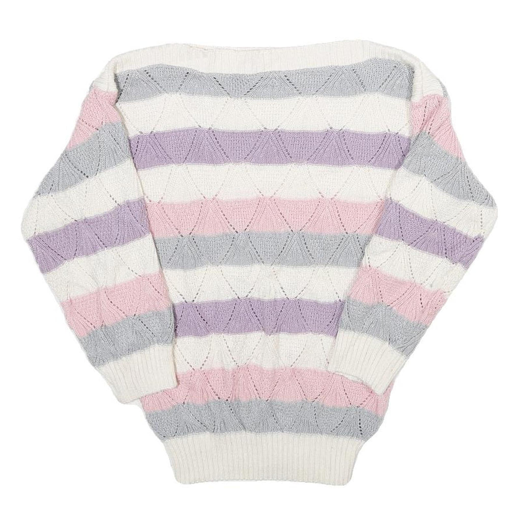 Womens Cream Pink & Purple Striped Patterned Jumper Boat Neck Chunky Knit S
