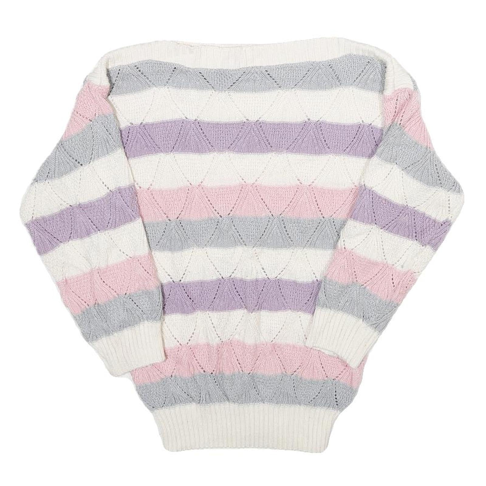 Womens Cream Pink & Purple Striped Patterned Jumper Boat Neck Chunky Knit S