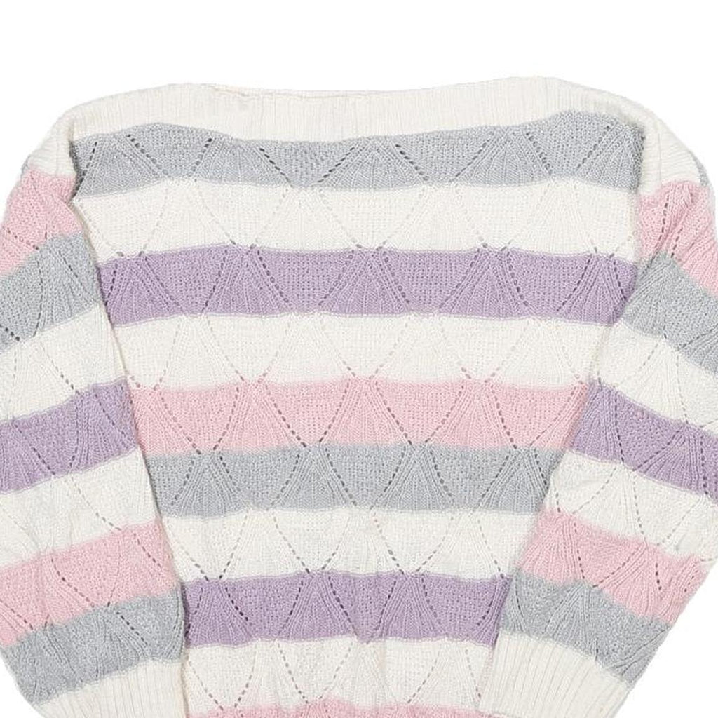 Womens Cream Pink & Purple Striped Patterned Jumper Boat Neck Chunky Knit S