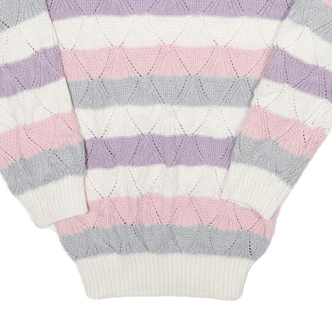 Womens Cream Pink & Purple Striped Patterned Jumper Boat Neck Chunky Knit S