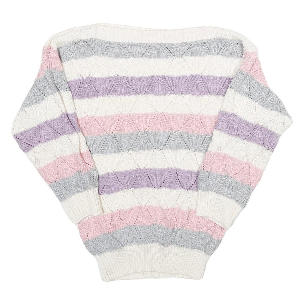 Womens Cream Pink & Purple Striped Patterned Jumper Boat Neck Chunky Knit S