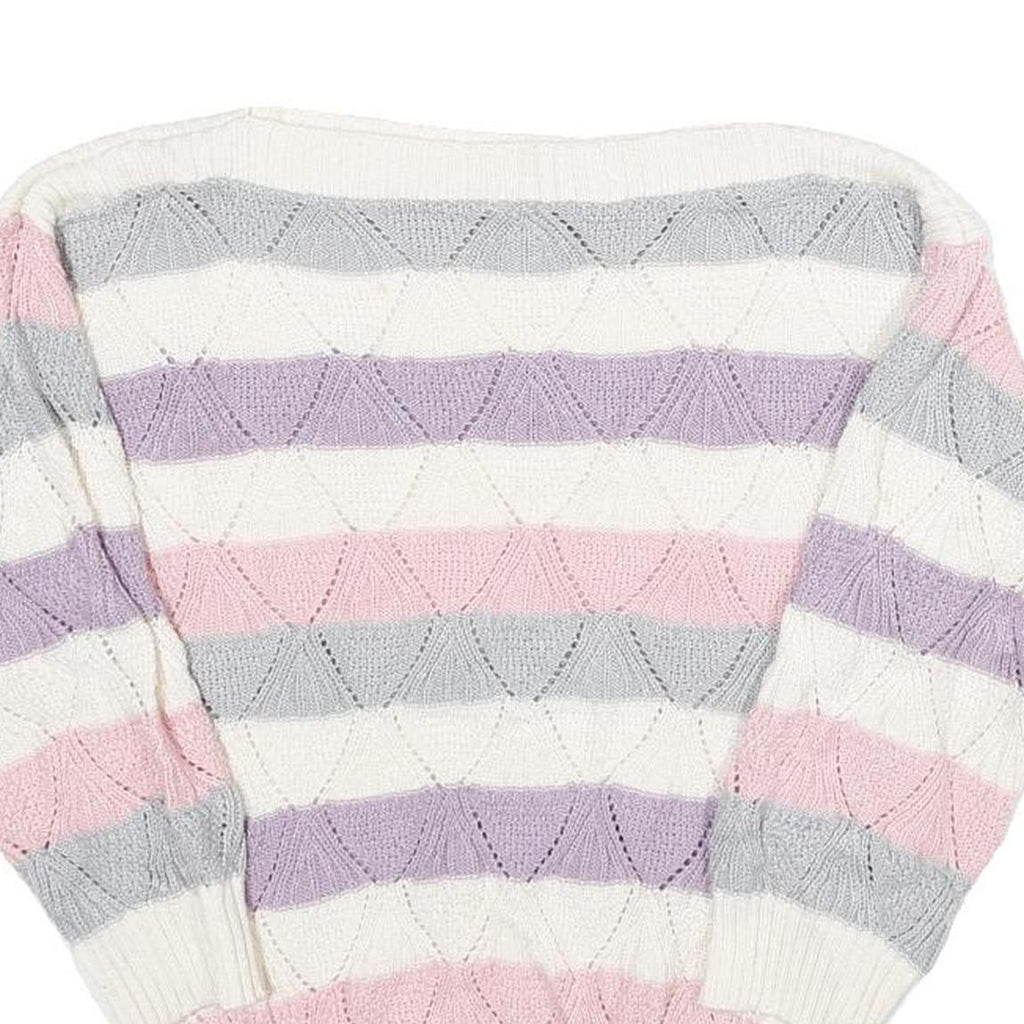 Womens Cream Pink & Purple Striped Patterned Jumper Boat Neck Chunky Knit S