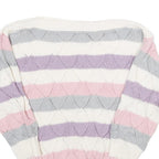 Womens Cream Pink & Purple Striped Patterned Jumper Boat Neck Chunky Knit S