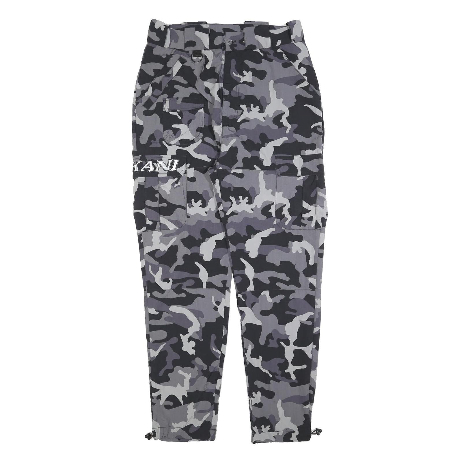 KARL KANI Mens Polyester Blend Slim Grey Camouflage Trousers W32 L30 Cargo Zip