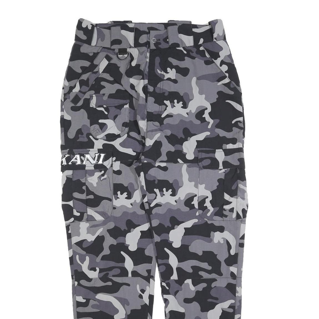 KARL KANI Mens Polyester Blend Slim Grey Camouflage Trousers W32 L30 Cargo Zip