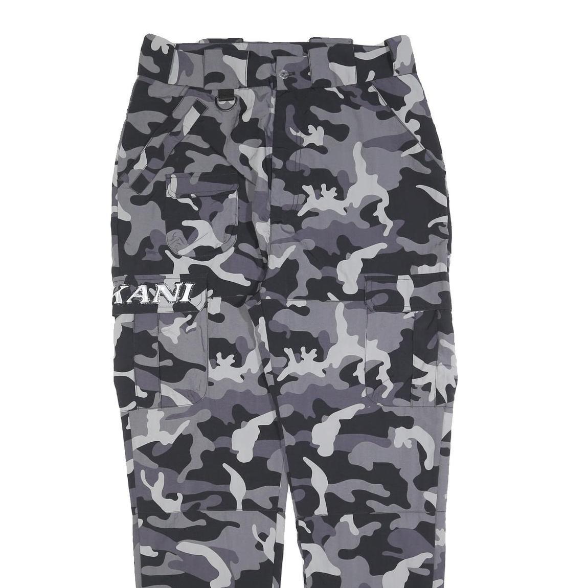 KARL KANI Mens Polyester Blend Slim Grey Camouflage Trousers W32 L30 Cargo Zip
