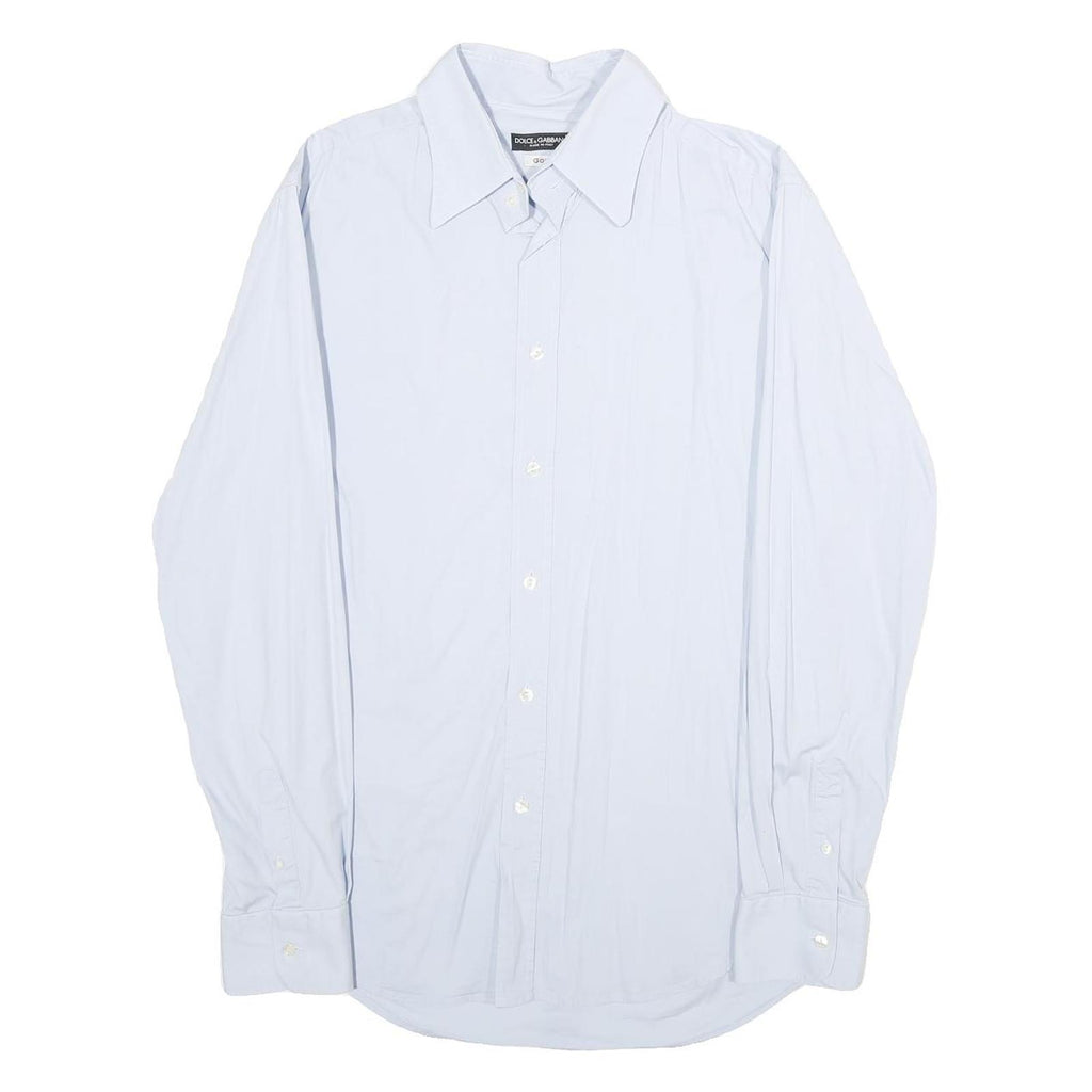 DOLCE & GABBANA Mens Blue Plain Shirt M Luxury Cotton Blend Long Sleeve Button