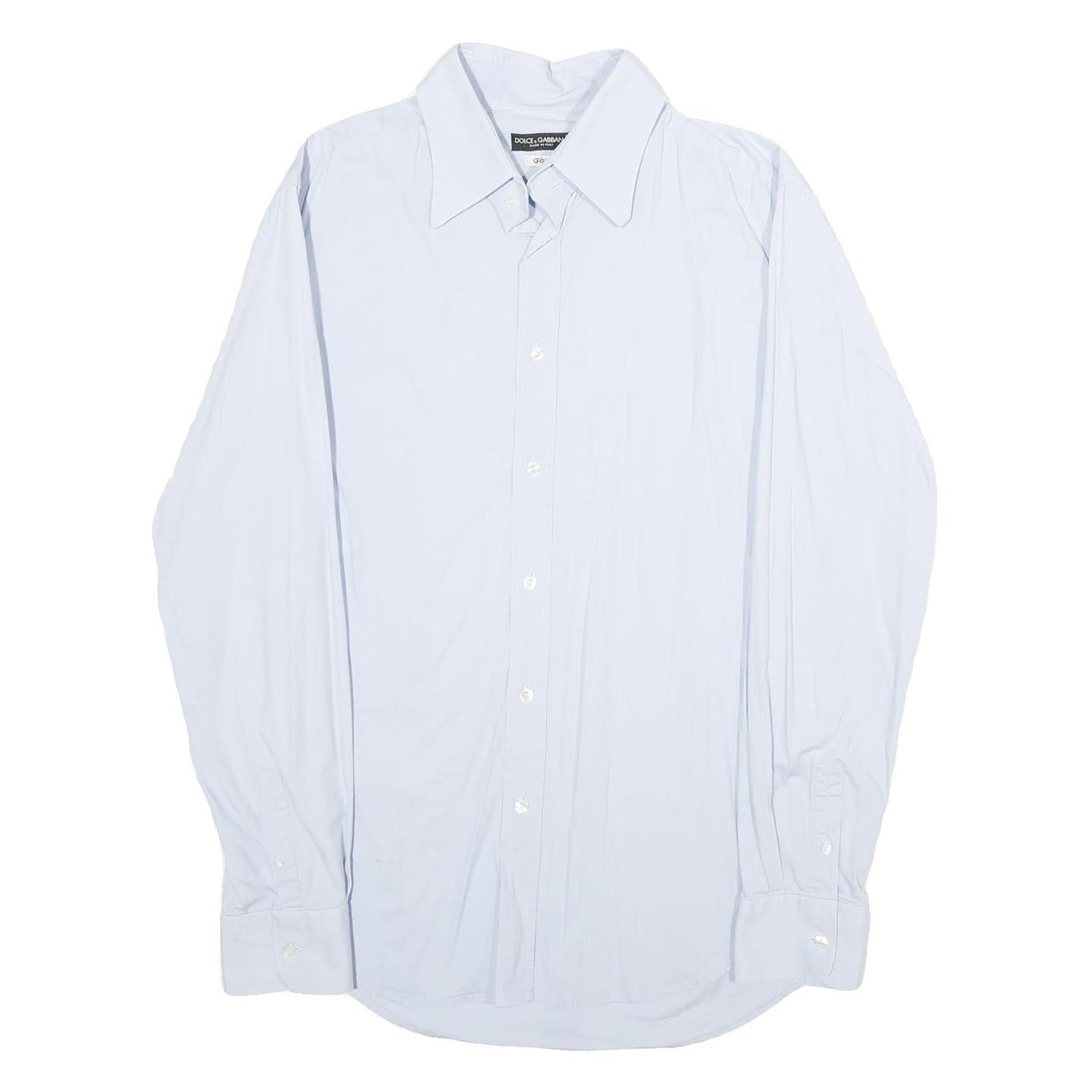DOLCE & GABBANA Mens Blue Plain Shirt M Luxury Cotton Blend Long Sleeve Button