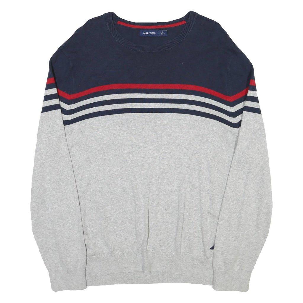 NAUTICA Mens Navy & Grey Striped Plain Crew Neck Basic Knit Jumper L Cotton