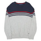 NAUTICA Mens Navy & Grey Striped Plain Crew Neck Basic Knit Jumper L Cotton