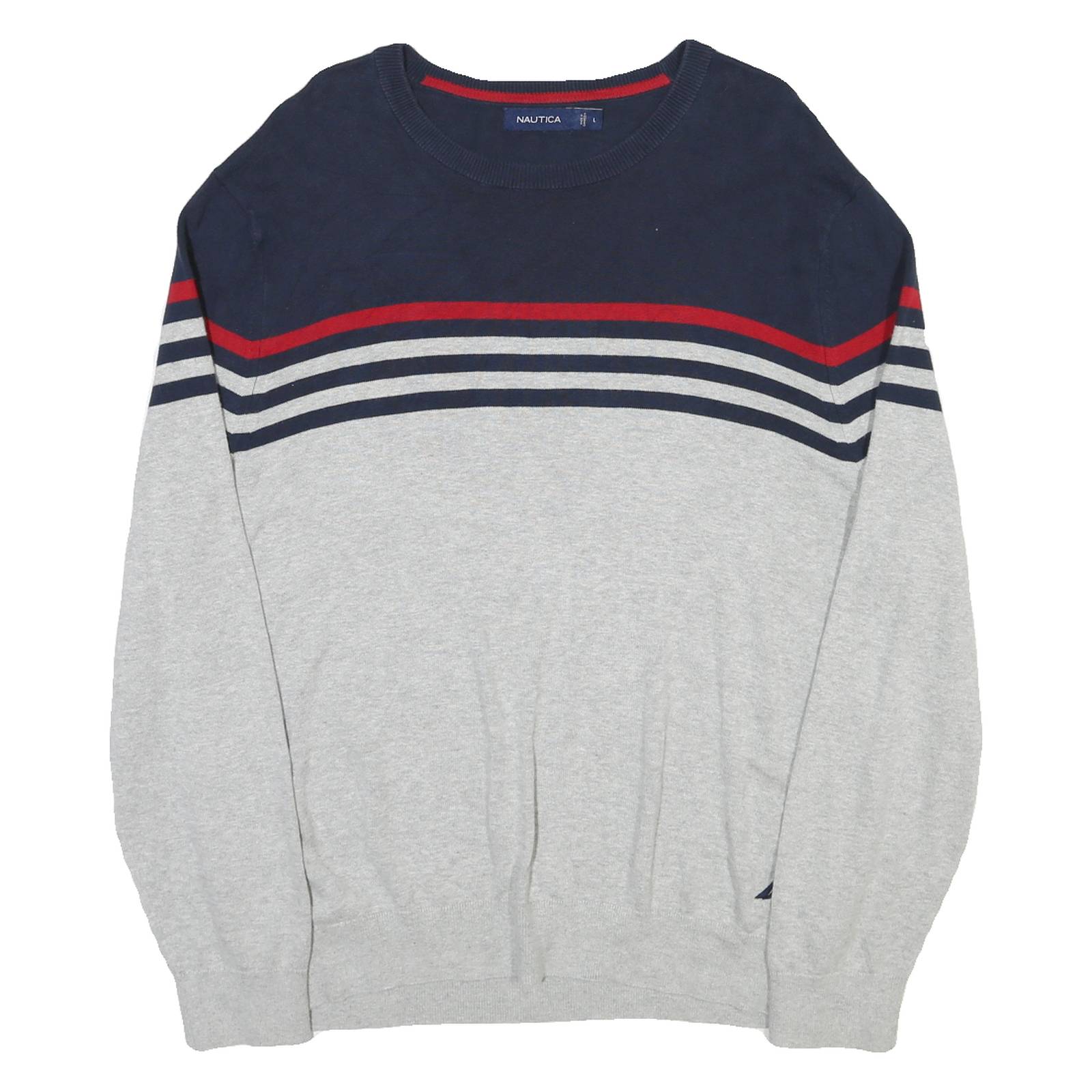 NAUTICA Mens Navy & Grey Striped Plain Crew Neck Basic Knit Jumper L Cotton