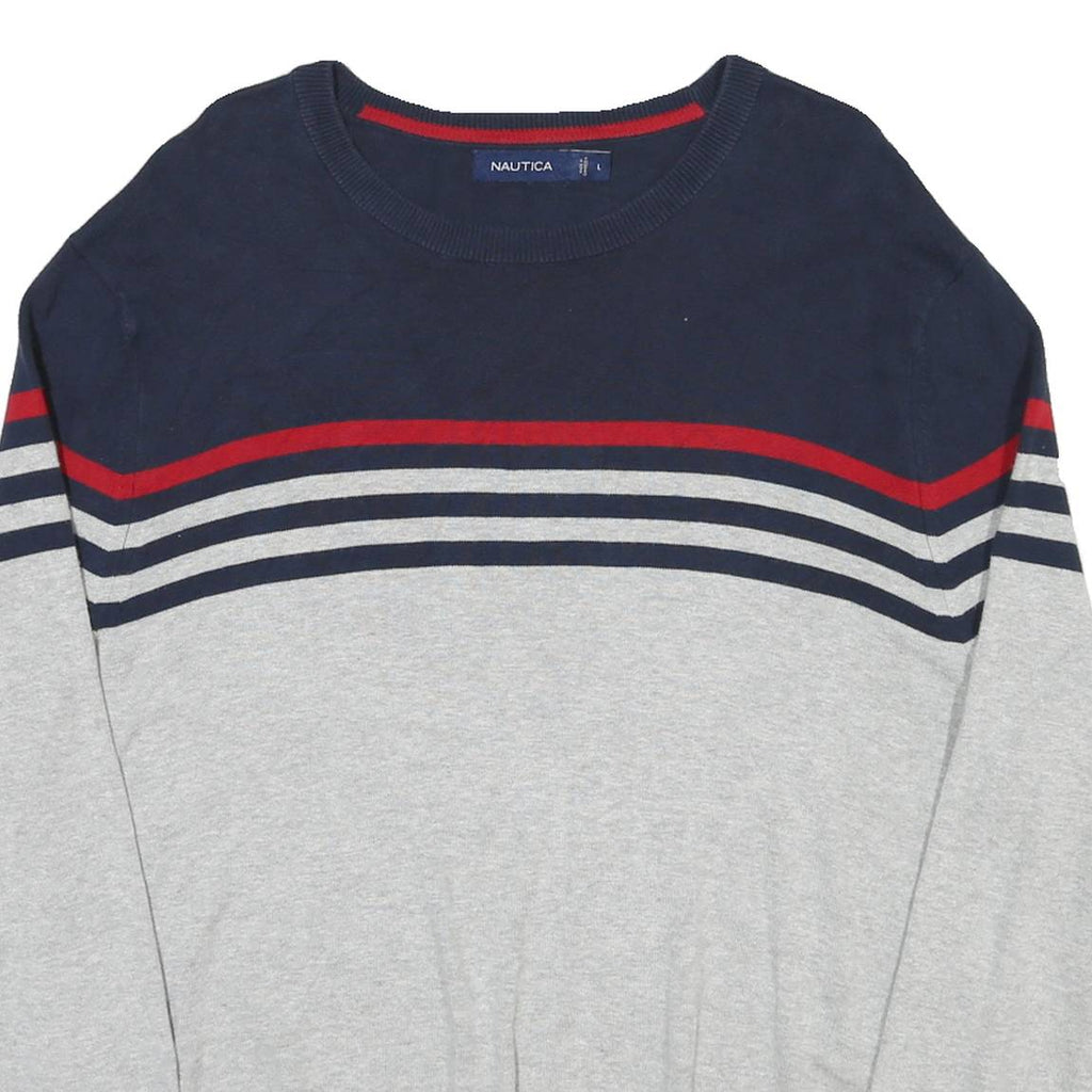 NAUTICA Mens Navy & Grey Striped Plain Crew Neck Basic Knit Jumper L Cotton